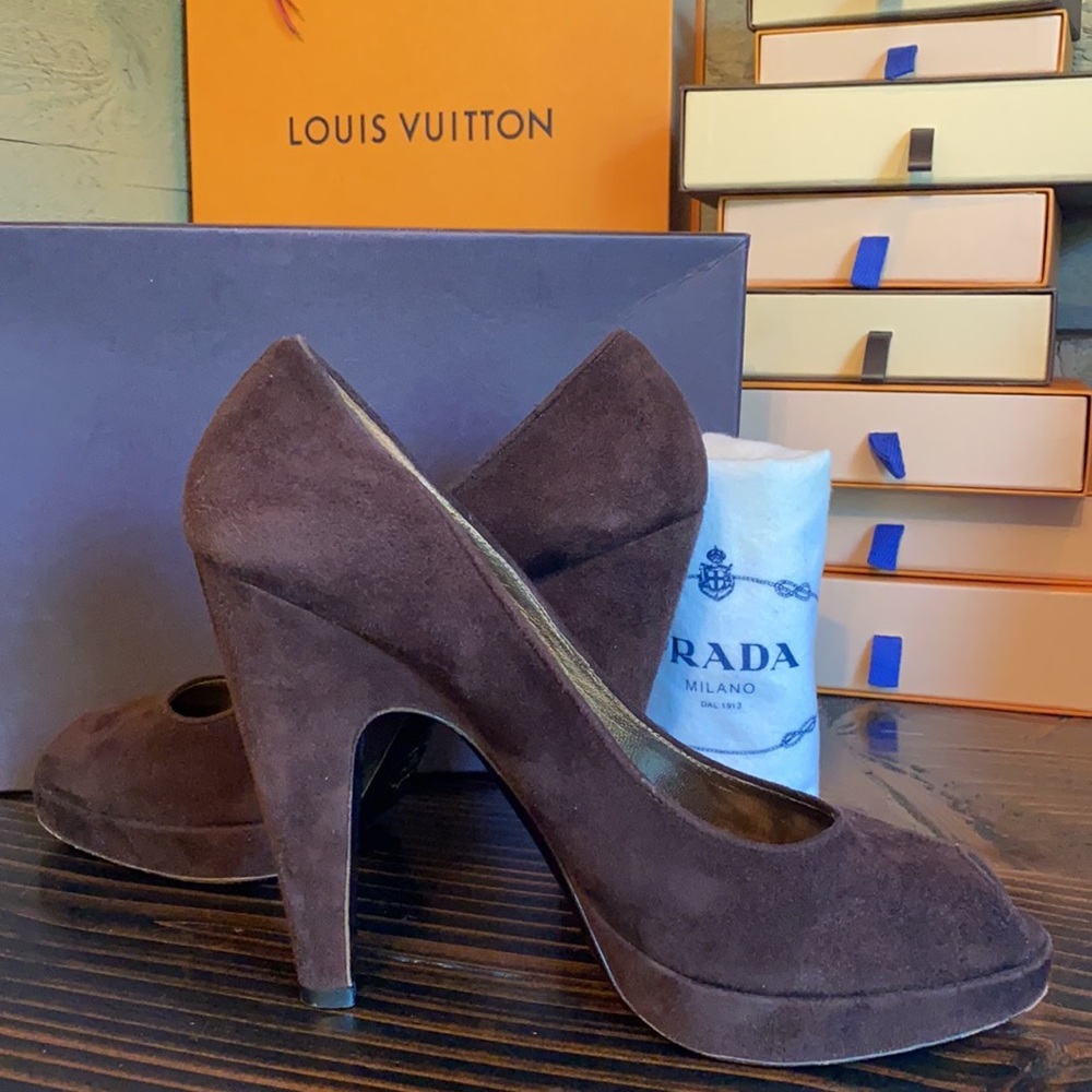 Prada peep toe heels in brown suede